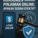 Ilustrasi perlindungan konsumen pinjaman online dengan simbol hukum, aplikasi fintech, dan keamanan data.