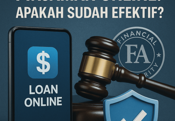 Ilustrasi perlindungan konsumen pinjaman online dengan simbol hukum, aplikasi fintech, dan keamanan data.