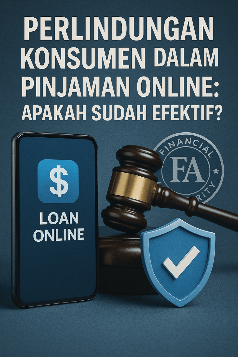 Ilustrasi perlindungan konsumen pinjaman online dengan simbol hukum, aplikasi fintech, dan keamanan data.