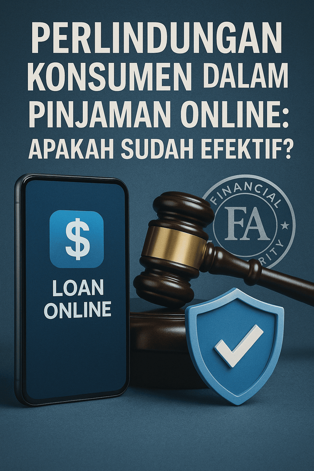 Ilustrasi perlindungan konsumen pinjaman online dengan simbol hukum, aplikasi fintech, dan keamanan data.
