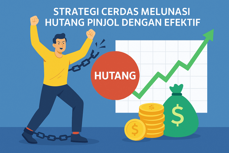 trategi melunasi hutang pinjol menampilkan ilustrasi pria memutus rantai bertuliskan hutang, dengan grafik naik, tumpukan koin, dan kantong uang berlatar biru."