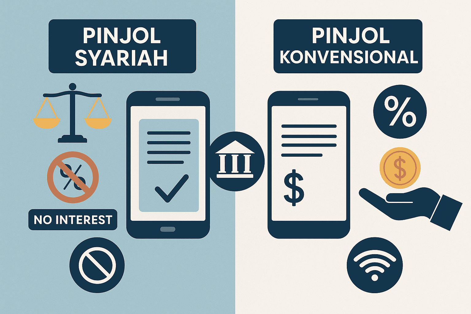 Ilustrasi perbedaan pinjol syariah dan konvensional dengan simbol akad syariah, tanpa bunga, dan layanan keuangan digital.