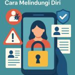 Flat-style digital illustration showing a smartphone with a female avatar and a padlock symbol, surrounded by warning signs, shield icons, and personal data cards, representing protection against illegal online loan (pinjol) threats.