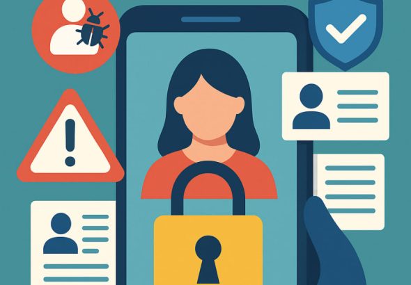 Flat-style digital illustration showing a smartphone with a female avatar and a padlock symbol, surrounded by warning signs, shield icons, and personal data cards, representing protection against illegal online loan (pinjol) threats.