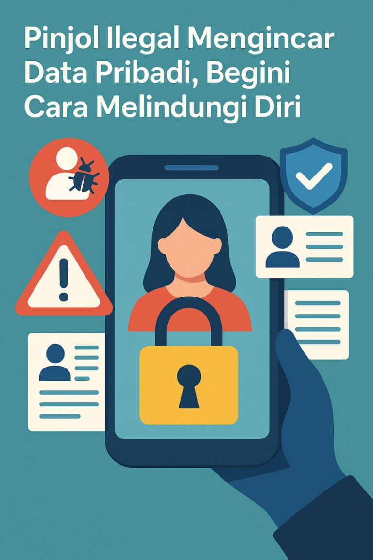 Flat-style digital illustration showing a smartphone with a female avatar and a padlock symbol, surrounded by warning signs, shield icons, and personal data cards, representing protection against illegal online loan (pinjol) threats.