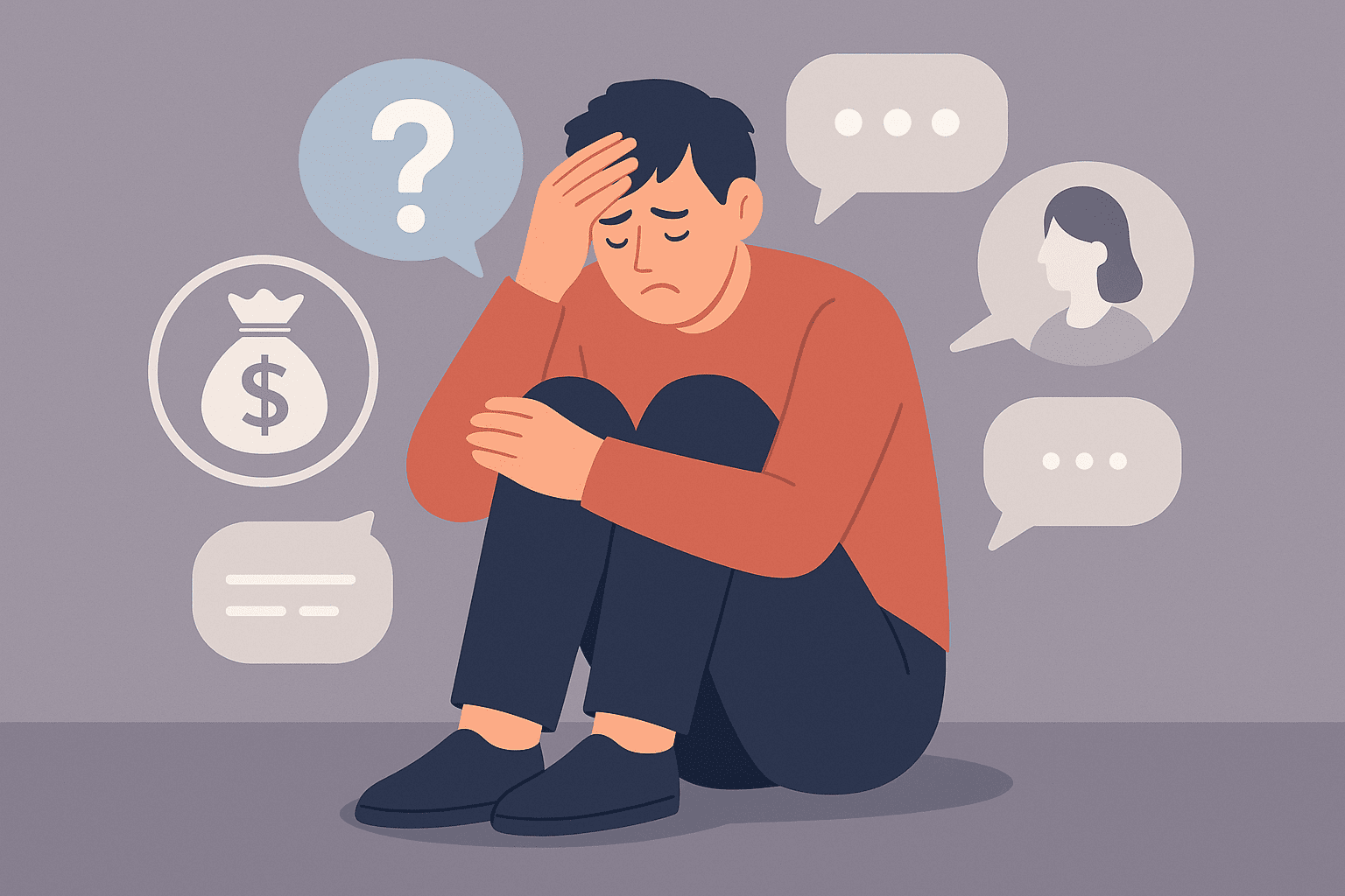 Ilustrasi seseorang duduk dengan wajah cemas karena tekanan sosial akibat pinjaman online.