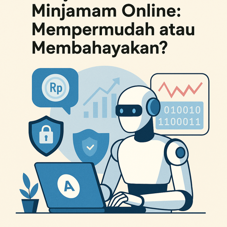 Ilustrasi AI membantu proses pinjaman online dengan laptop dan data digital.