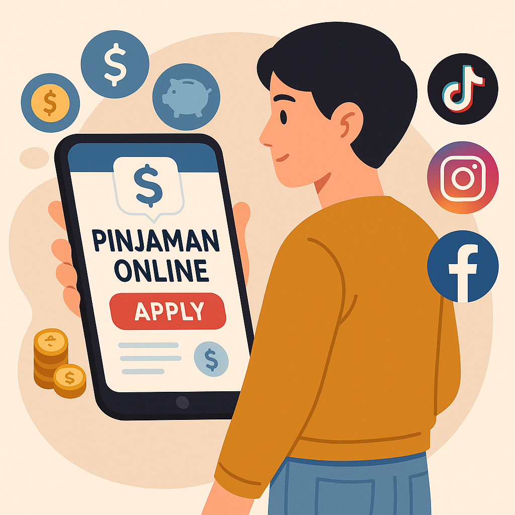 Ilustrasi promosi pinjaman online di media sosial dengan smartphone dan ikon finansial.