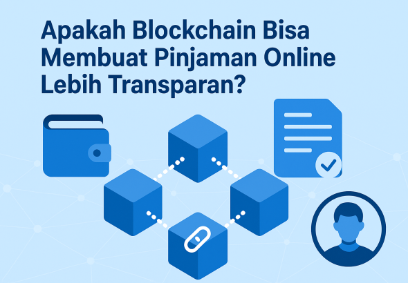 Ilustrasi blockchain menghubungkan sistem pinjaman online dengan smart contract digital.
