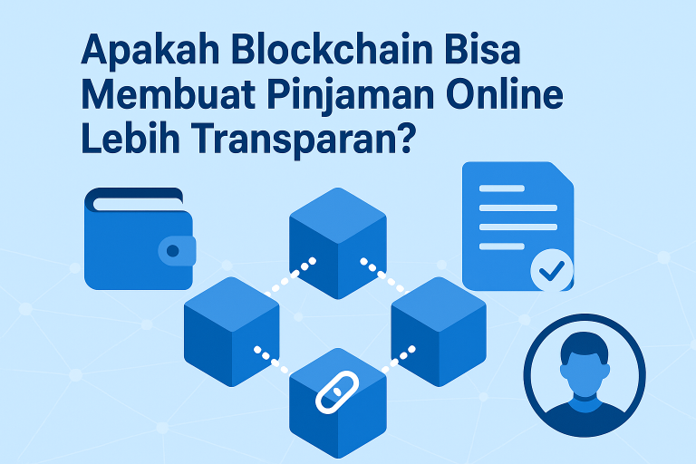 Ilustrasi blockchain menghubungkan sistem pinjaman online dengan smart contract digital.