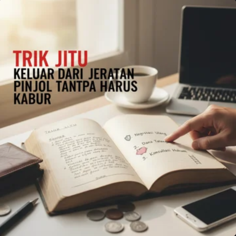 Seorang pria duduk di meja dengan laptop dan catatan keuangan, tersenyum lega setelah berhasil keluar dari jeratan pinjol.