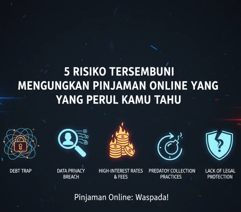 Ilustrasi seseorang dikelilingi tagihan digital dari aplikasi pinjaman online di layar smartphone.