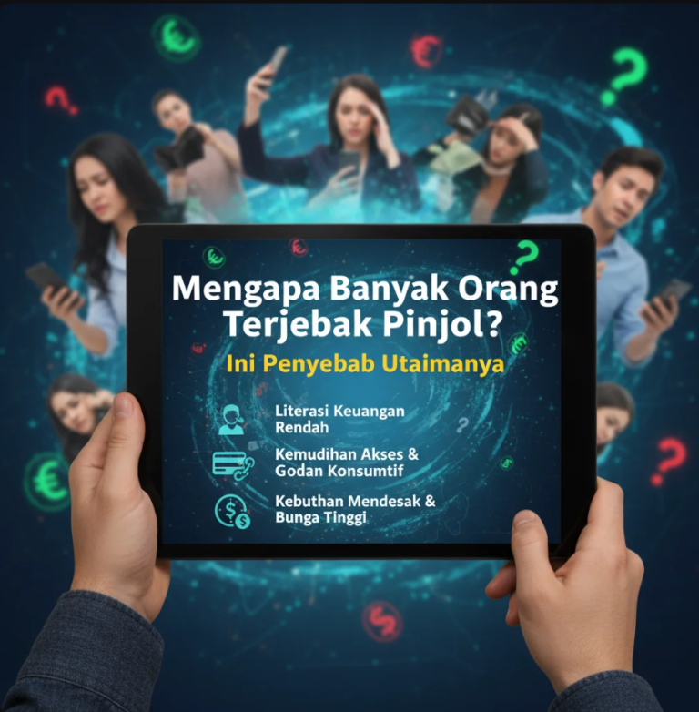 Seseorang duduk di depan laptop dengan ekspresi cemas, dikelilingi ikon digital pinjaman online dan tagihan menumpuk.