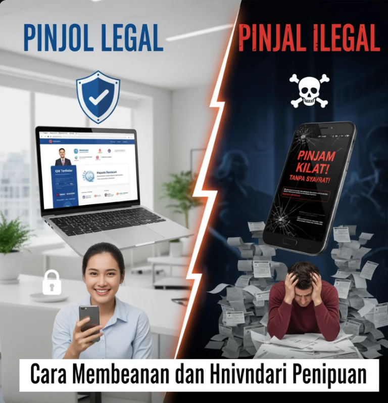 Ilustrasi dua smartphone, satu menampilkan aplikasi pinjol legal dengan logo OJK dan satu lagi menampilkan pinjol ilegal berwarna merah dengan tanda peringatan.
