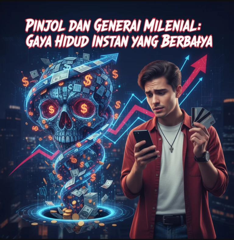 Ilustrasi seorang milenial duduk di depan laptop dengan simbol pinjaman digital dan tagihan menumpuk di sekelilingnya.