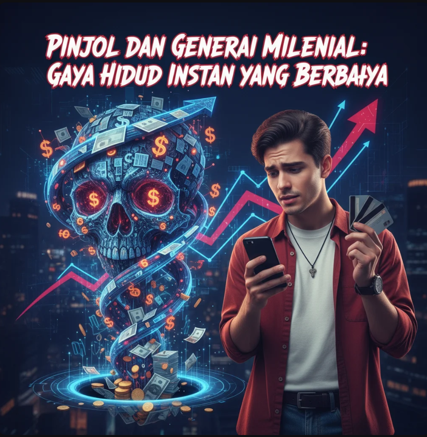 Ilustrasi seorang milenial duduk di depan laptop dengan simbol pinjaman digital dan tagihan menumpuk di sekelilingnya.