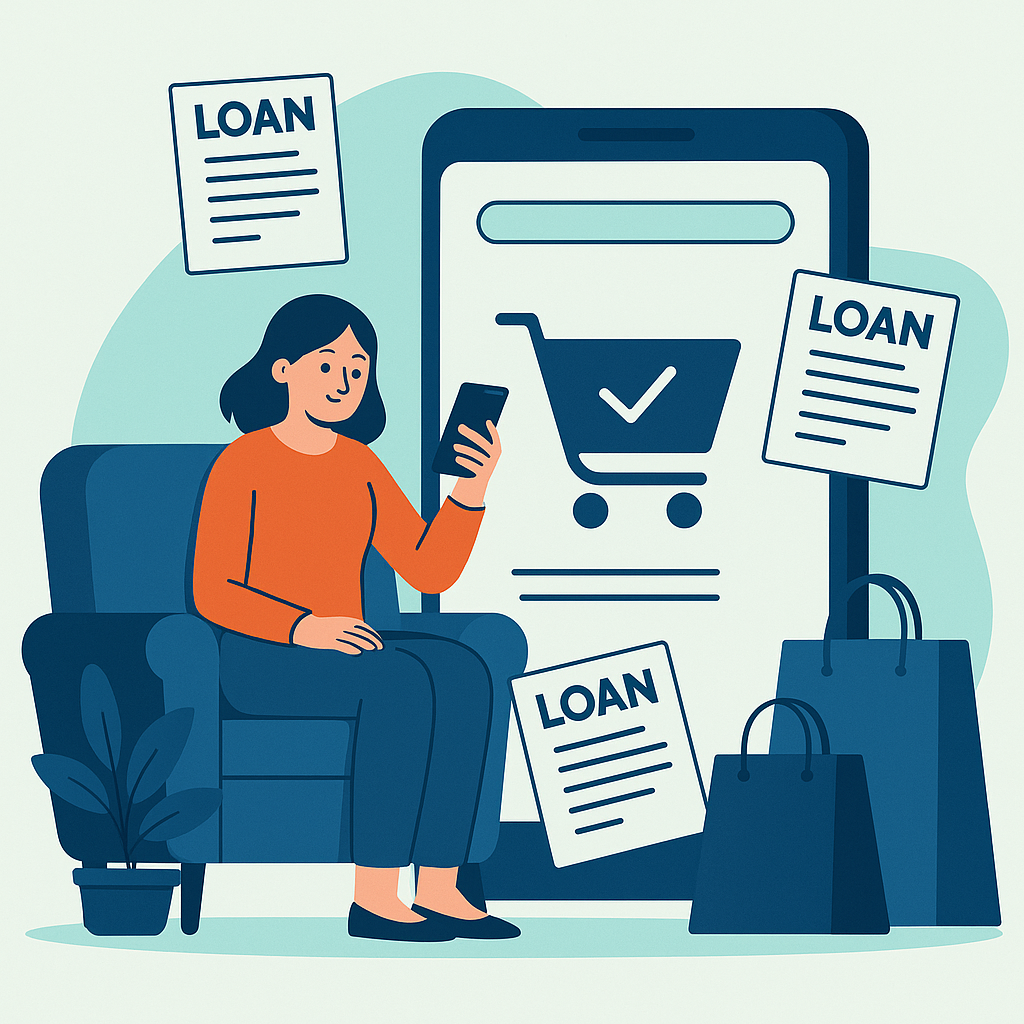 Ilustrasi orang belanja online dengan smartphone sambil dikelilingi tagihan pinjaman digital.