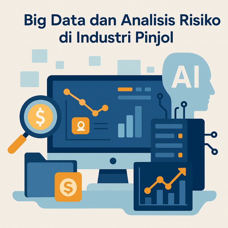 Ilustrasi Big Data dan analisis risiko di industri pinjaman online dengan grafik digital dan sistem AI.