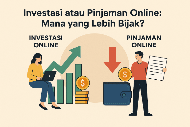 Ilustrasi perbandingan investasi online dengan pinjaman online dalam dunia finansial digital.