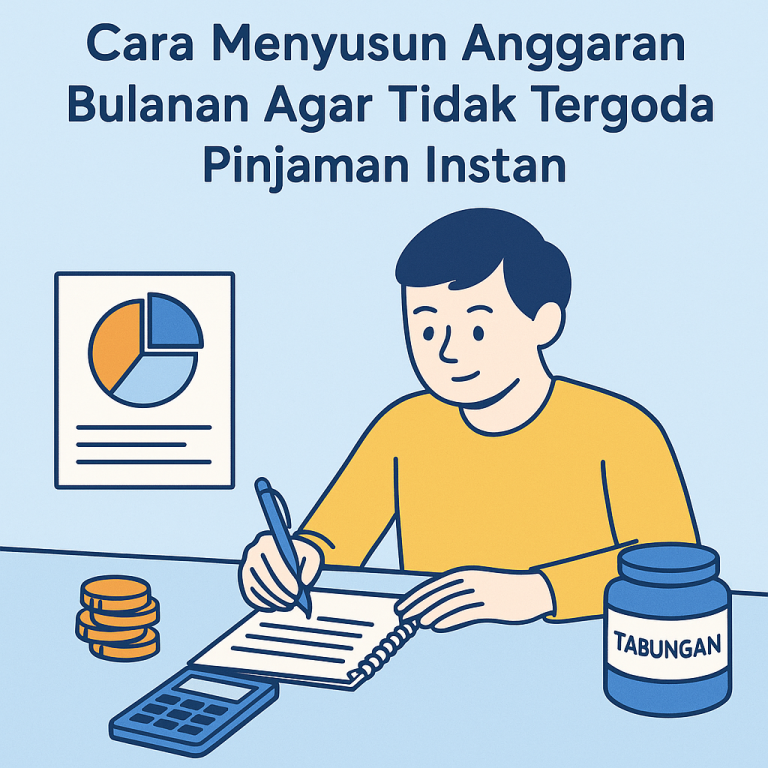 Ilustrasi seseorang menyusun anggaran bulanan dengan buku catatan dan kalkulator.