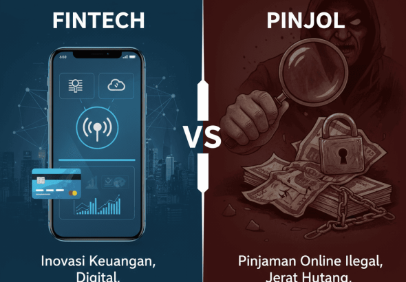 Ilustrasi perbandingan fintech dan pinjol dalam dunia keuangan digital, menampilkan ikon aplikasi keuangan dan pinjaman online.