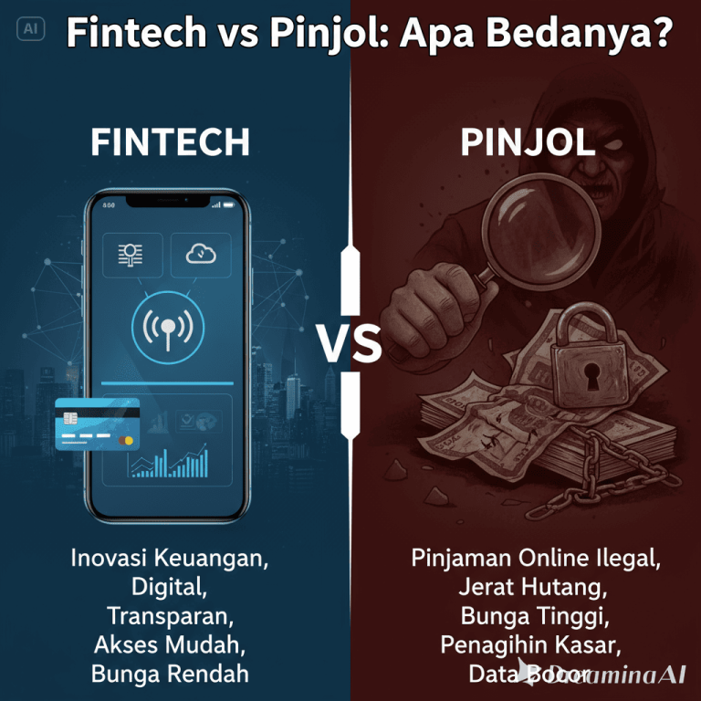 Ilustrasi perbandingan fintech dan pinjol dalam dunia keuangan digital, menampilkan ikon aplikasi keuangan dan pinjaman online.