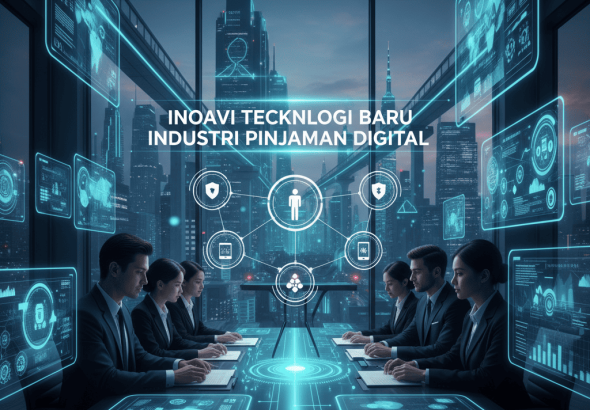 Ilustrasi teknologi AI, blockchain, dan biometrik dalam pinjaman digital modern.