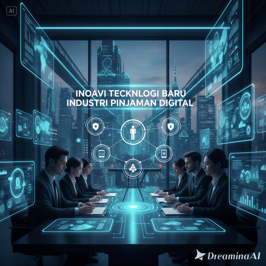 Ilustrasi teknologi AI, blockchain, dan biometrik dalam pinjaman digital modern.