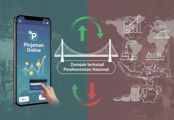 Ilustrasi pinjaman online dengan smartphone, uang digital, dan pertumbuhan ekonomi.