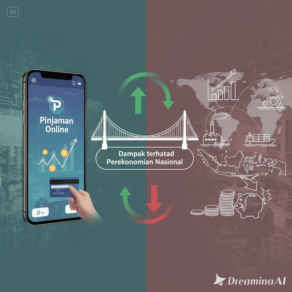 Ilustrasi pinjaman online dengan smartphone, uang digital, dan pertumbuhan ekonomi.