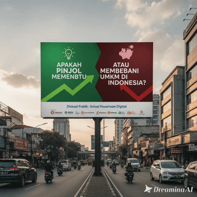 Ilustrasi UMKM kecil mendapatkan modal dari pinjol dengan simbol smartphone dan uang digital.