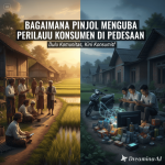 Ilustrasi masyarakat pedesaan menggunakan aplikasi pinjaman online di smartphone.