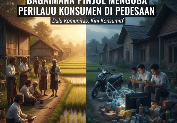 Ilustrasi masyarakat pedesaan menggunakan aplikasi pinjaman online di smartphone.