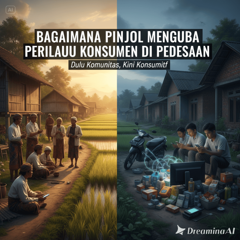 Ilustrasi masyarakat pedesaan menggunakan aplikasi pinjaman online di smartphone.