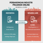 Ilustrasi perbandingan industri pinjaman online di berbagai negara dengan ikon regulasi, data, dan konsumen.