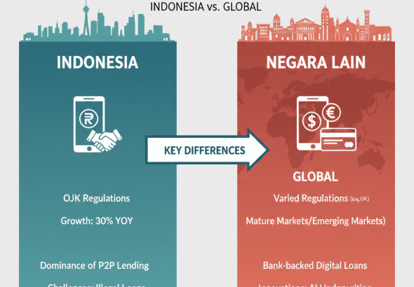 Ilustrasi perbandingan industri pinjaman online di berbagai negara dengan ikon regulasi, data, dan konsumen.