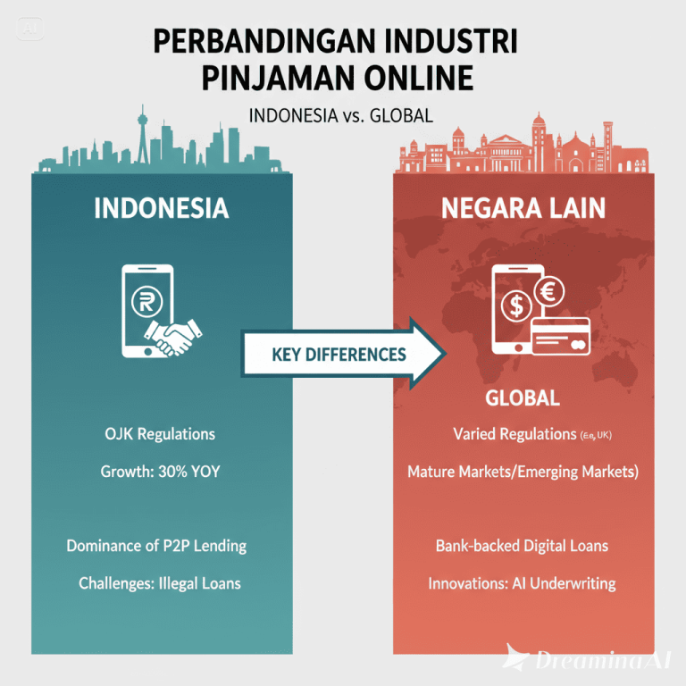 Ilustrasi perbandingan industri pinjaman online di berbagai negara dengan ikon regulasi, data, dan konsumen.