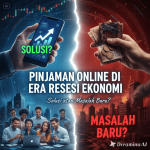 Ilustrasi orang memegang smartphone dengan ikon fintech dan grafik ekonomi menurun di latar belakang.