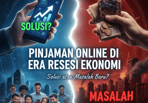 Ilustrasi orang memegang smartphone dengan ikon fintech dan grafik ekonomi menurun di latar belakang.