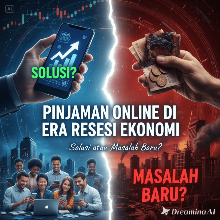 Ilustrasi orang memegang smartphone dengan ikon fintech dan grafik ekonomi menurun di latar belakang.
