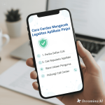 Ilustrasi seseorang memeriksa legalitas aplikasi pinjol melalui ponsel dengan logo OJK dan AFPI di layar.