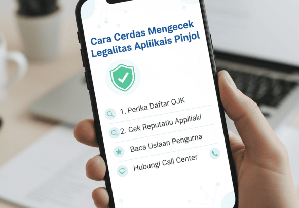 Ilustrasi seseorang memeriksa legalitas aplikasi pinjol melalui ponsel dengan logo OJK dan AFPI di layar.