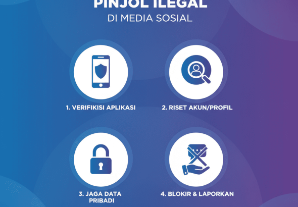 Ilustrasi seseorang memeriksa ponsel dengan peringatan tanda bahaya pinjol ilegal di layar.