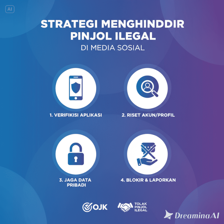 Ilustrasi seseorang memeriksa ponsel dengan peringatan tanda bahaya pinjol ilegal di layar.