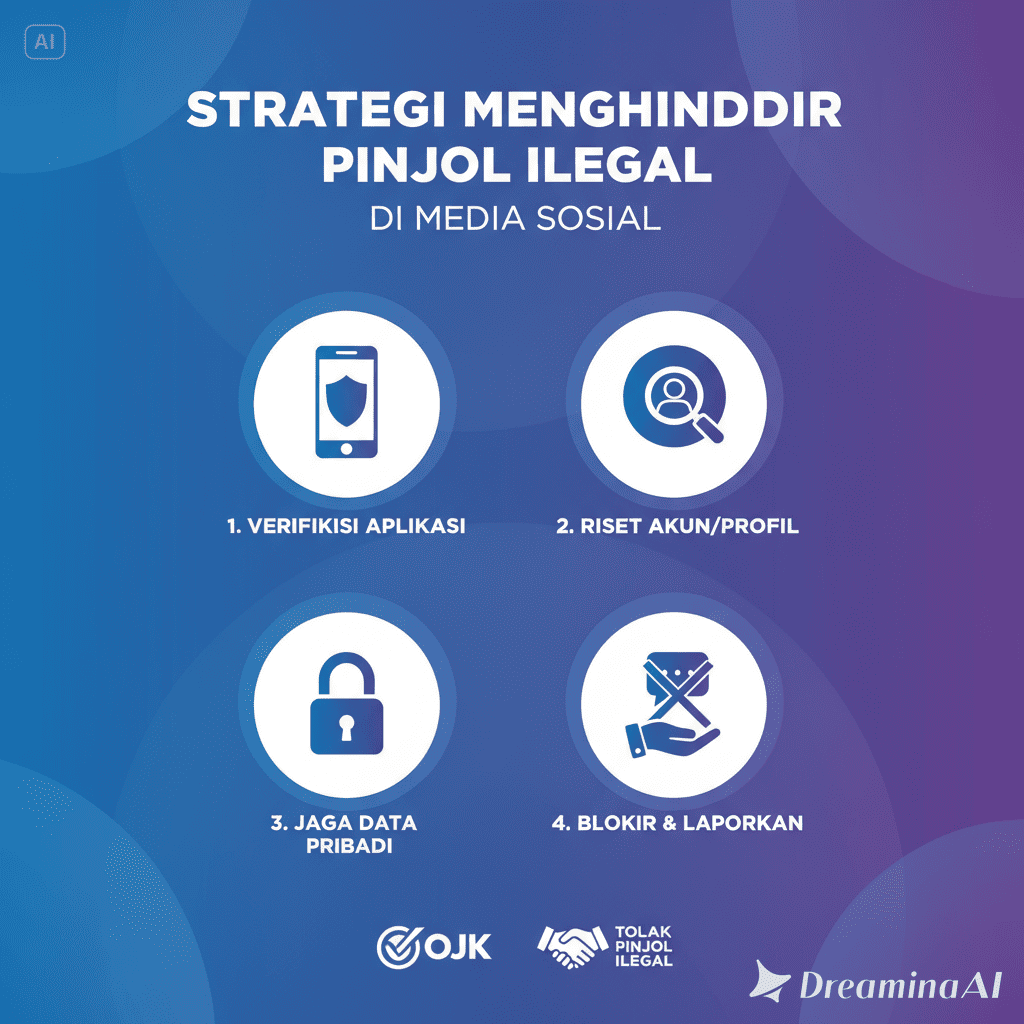 Ilustrasi seseorang memeriksa ponsel dengan peringatan tanda bahaya pinjol ilegal di layar.