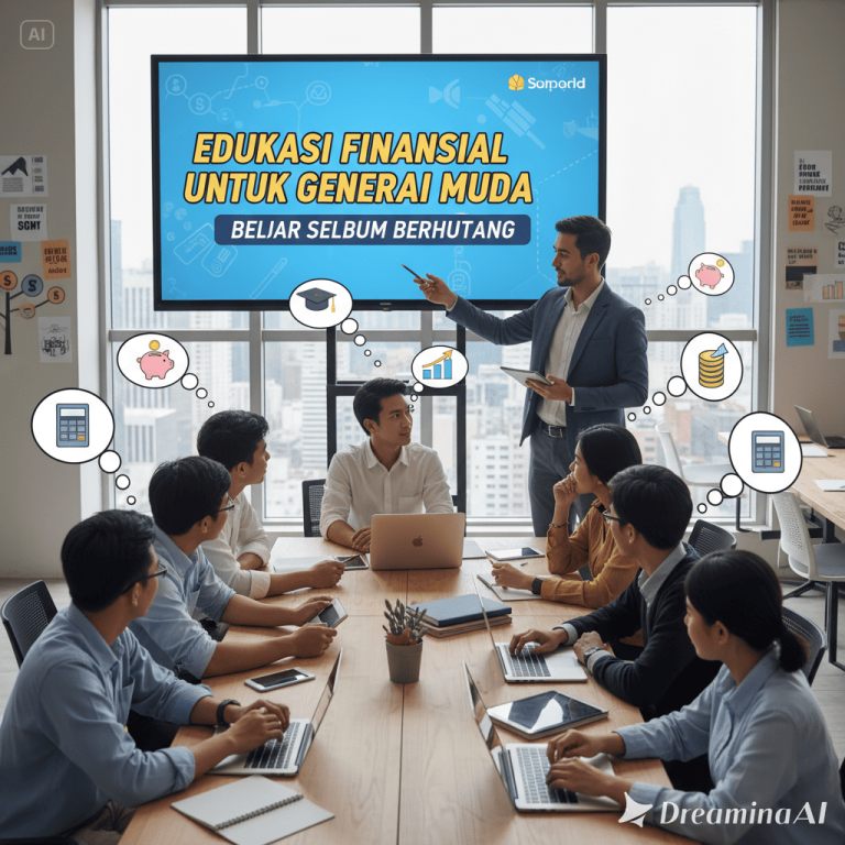 Ilustrasi anak muda belajar mengatur keuangan dengan laptop, grafik tabungan, dan dompet digital di atas meja.