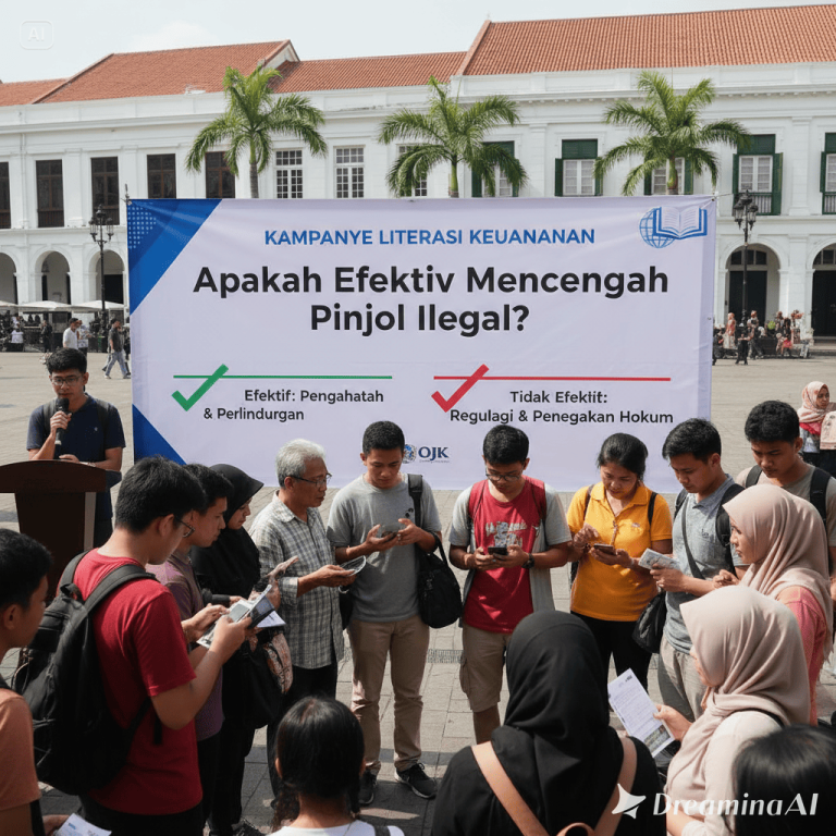 Ilustrasi edukator menjelaskan literasi keuangan kepada masyarakat dengan simbol dompet digital dan tanda peringatan pinjol ilegal.