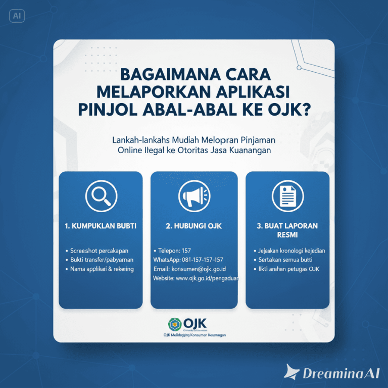 Ilustrasi seseorang melaporkan aplikasi pinjol ilegal ke OJK melalui smartphone.