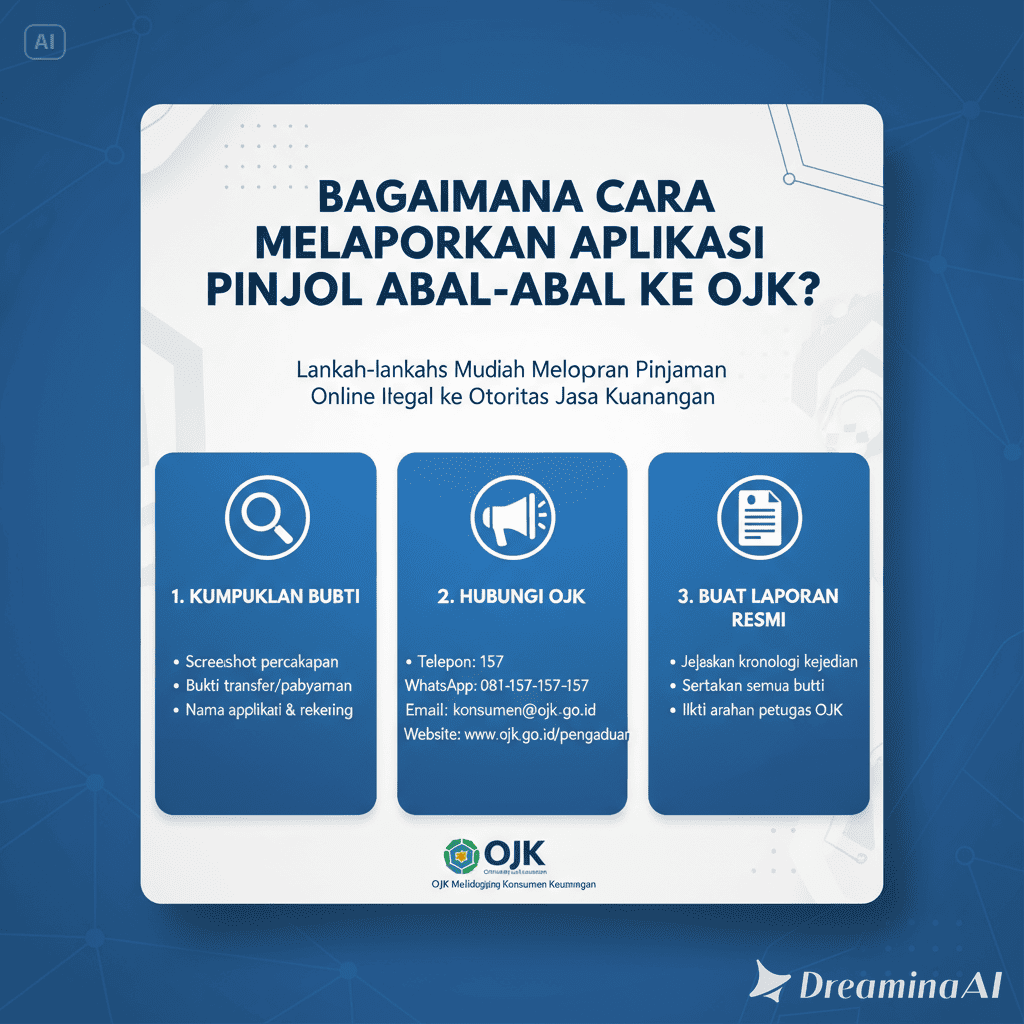 Ilustrasi seseorang melaporkan aplikasi pinjol ilegal ke OJK melalui smartphone.