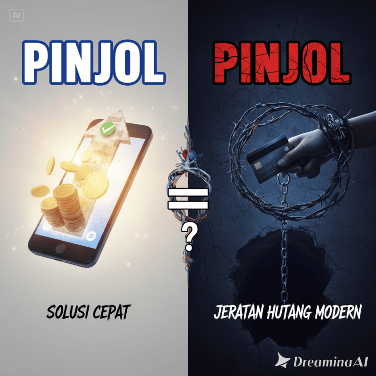 Ilustrasi seseorang memegang ponsel dengan ikon uang digital dan tanda peringatan di layar, menggambarkan risiko pinjaman online.